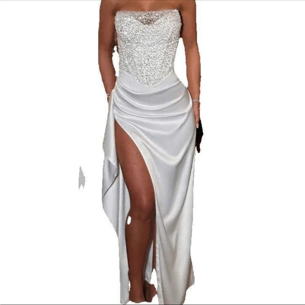 Sister Party Women’s Sequin Strapless Tube White Evening Gown with High Slit XS